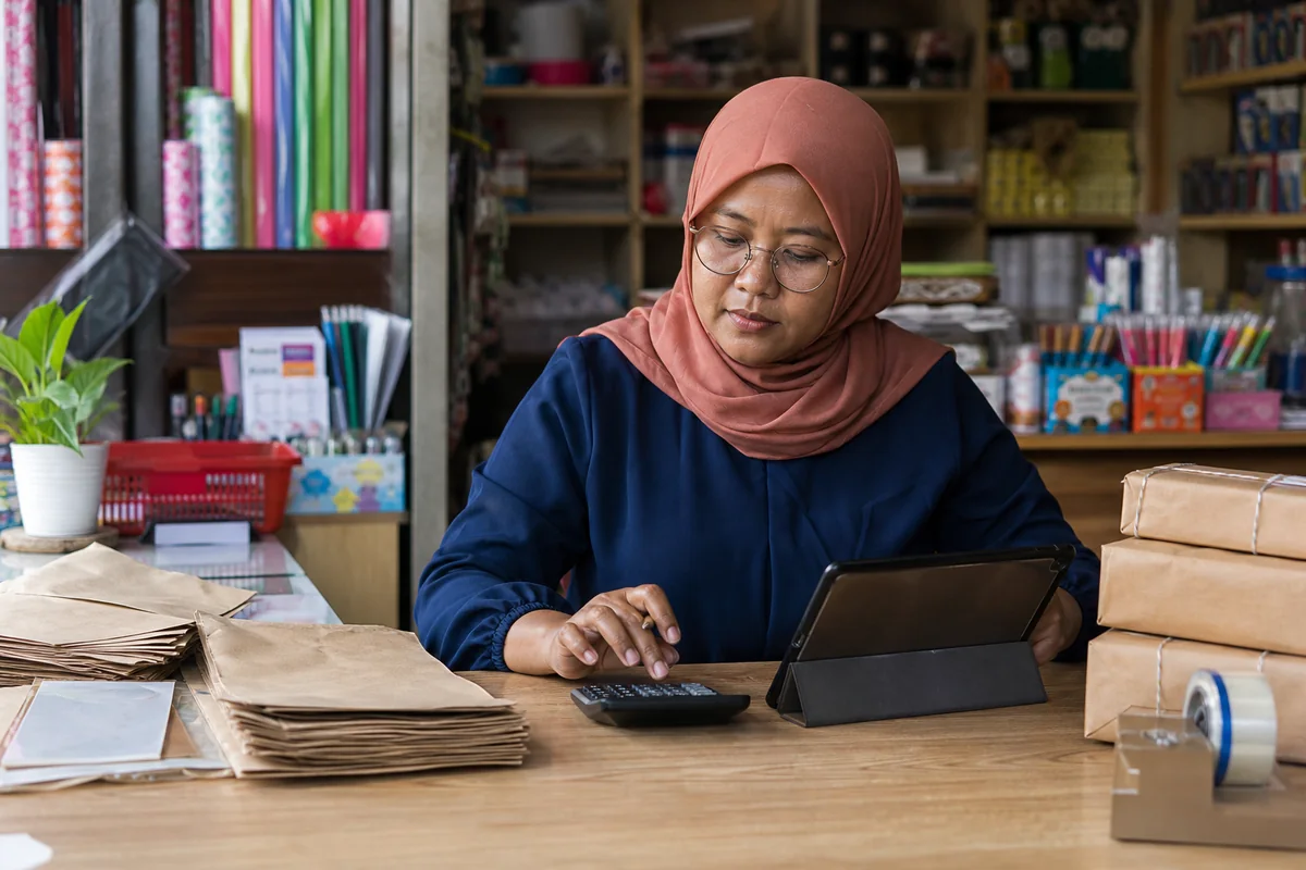 Ilustrasi pemilik toko Indonesia sedang meninjau arus kas usahanya